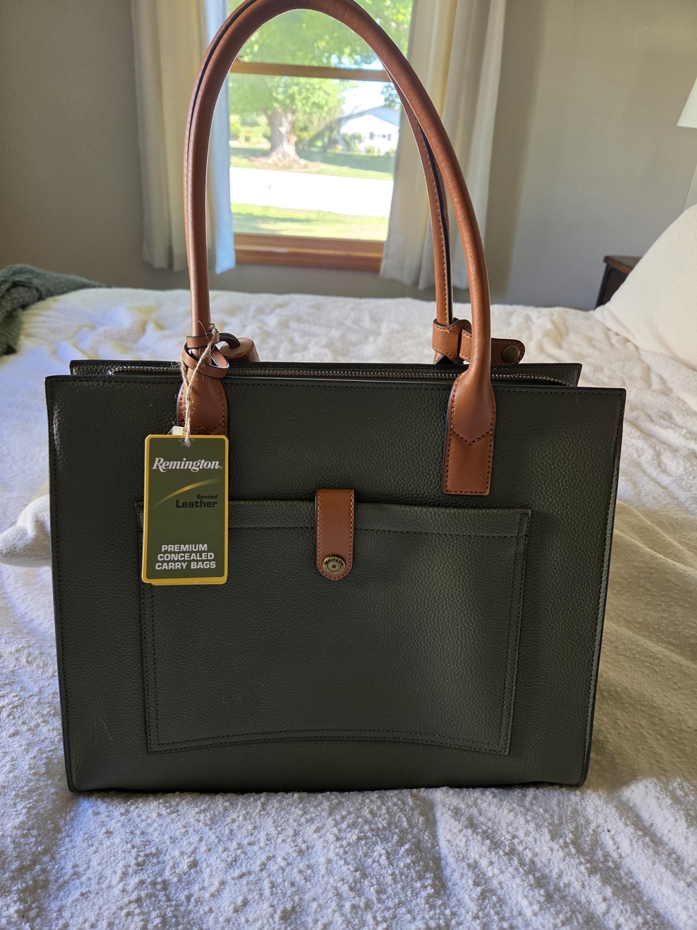 Remington Olive Green Tote with Tan Leather Handles